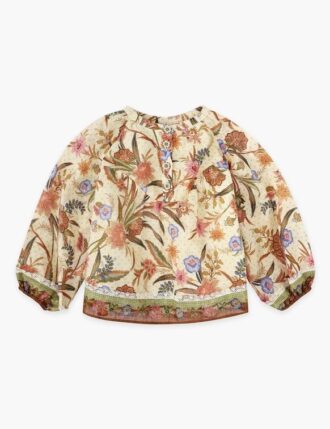 Haut Indra pour enfants à bordures contrastées, motif floral écharpe crème-kaki, en ligne