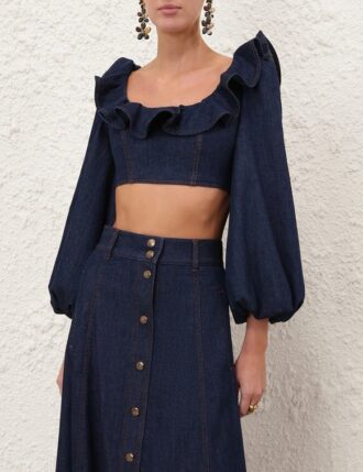 Haut à volants en Denim Aster, couleur Ink, en ligne