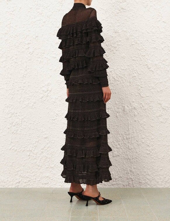 Haut à volants et col noué Rebellion, noir métallisé, en ligne Haut à volants et col noué Rebellion, noir métallisé, en ligne