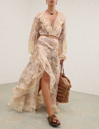 Jupe longue en dentelle Rebellion à motif floral crème en ligne