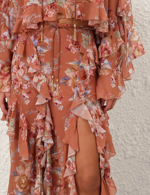 Jupe à volants Awaken, motif floral cannelle, en ligne Jupe à volants Awaken, motif floral cannelle, en ligne