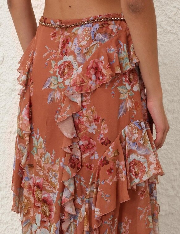 Jupe à volants Awaken, motif floral cannelle, en ligne Jupe à volants Awaken, motif floral cannelle, en ligne
