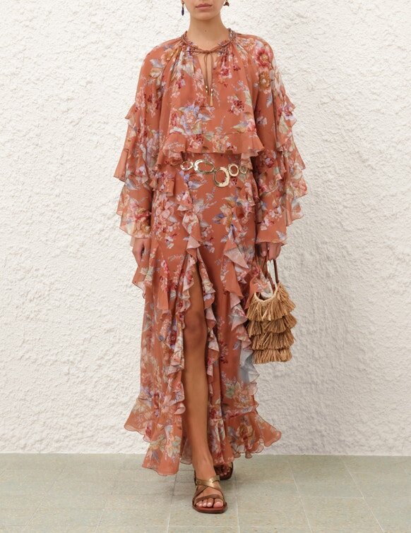 Jupe à volants Awaken, motif floral cannelle, en ligne Jupe à volants Awaken, motif floral cannelle, en ligne