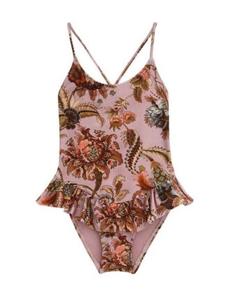 Maillot une pièce à volants Aster pour enfants, motif Jacobean mauve, en ligne