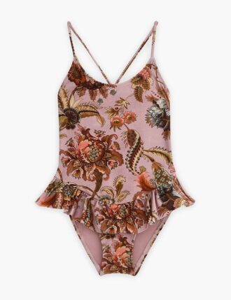 Maillot une pièce à volants Aster pour enfants, motif Jacobean mauve, en ligne