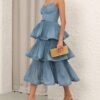 Robe mi-longue plissée à volants bleu foncé en ligne Robe mi-longue plissée à volants bleu foncé en ligne