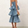 Robe mi-longue plissée à volants bleu foncé en ligne Robe mi-longue plissée à volants bleu foncé en ligne